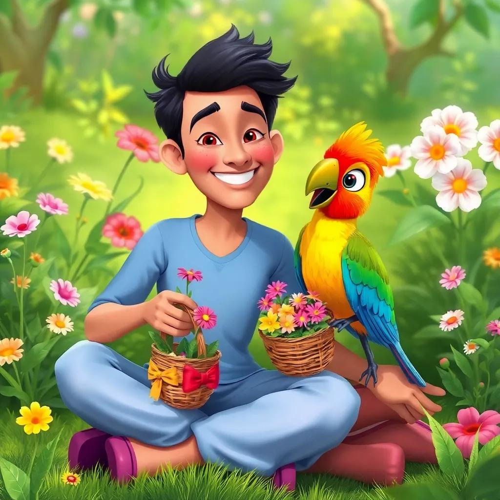 Rami and the colorful bird, sitting together and picking flowers, both smiling, a small basket filled with flowers beside them, surrounded by a lush green garden, bright colors, cheerful scene, digital painting