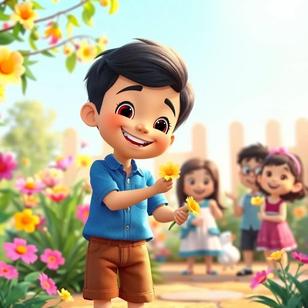 Rami, a young Arab boy with short black hair, wearing a simple blue shirt and brown shorts, joyfully giving flowers to happy friends in the garden, everyone smiling, warm colors and bright surroundings, child-friendly