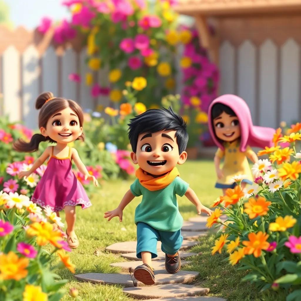 Children laughing and playing in the garden, with Rami, a young Arab boy, leading the way, colorful flowers blooming everywhere, cheerful and vibrant setting, digital art