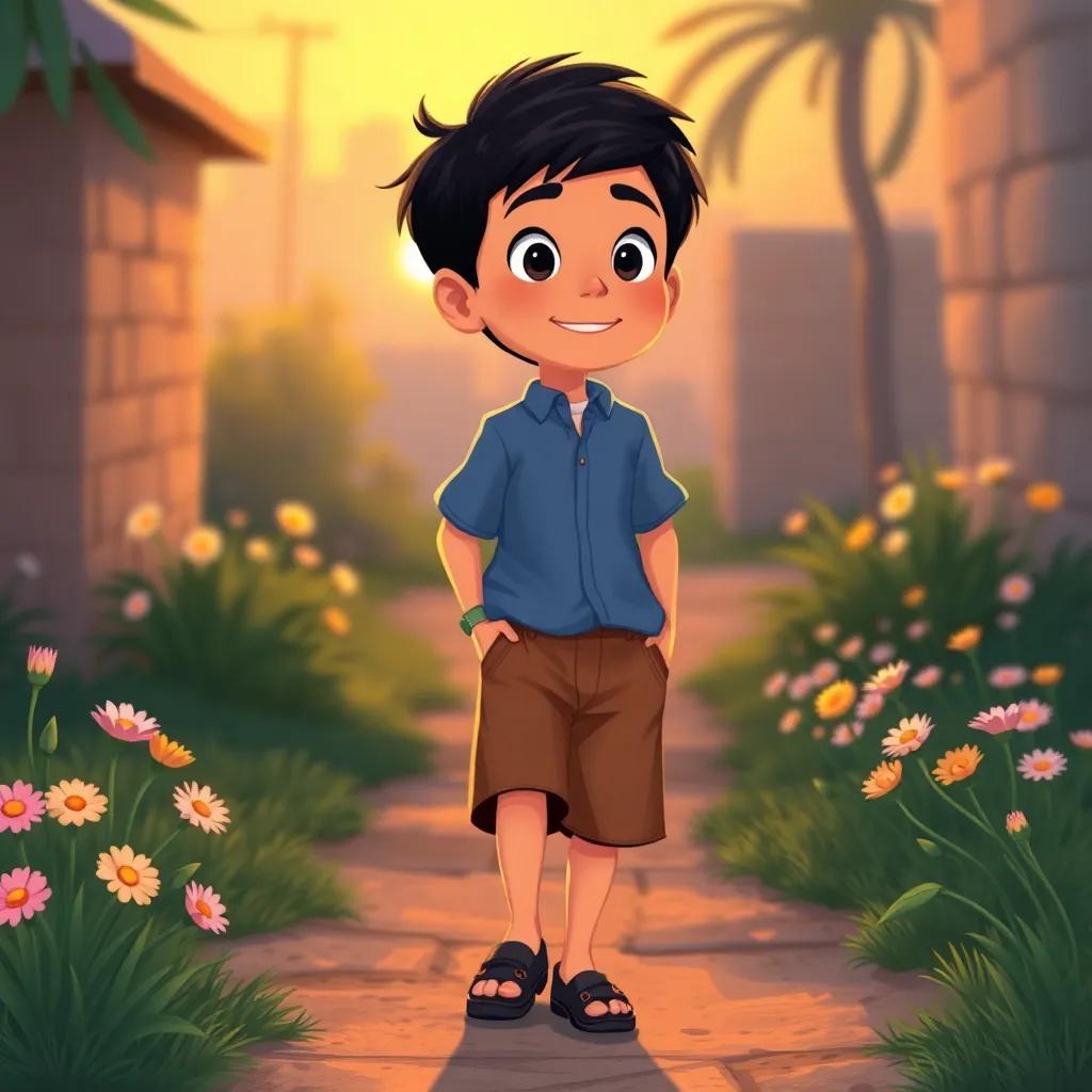 Rami, a young Arab boy with short black hair, wearing a simple blue shirt and brown shorts, returning home with a smile, thinking of the joy that flowers bring, sunset light, gentle colors, heartwarming scene, digital illustration