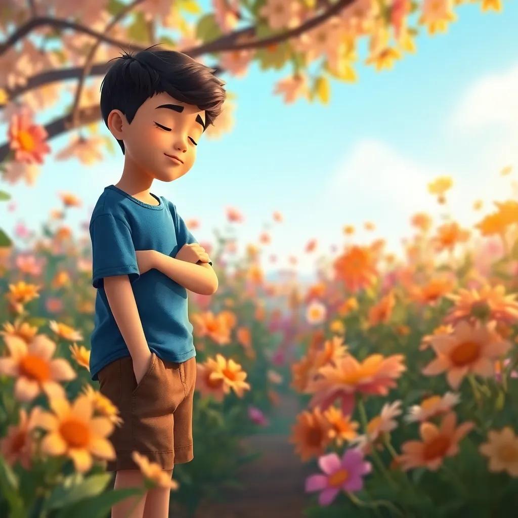 A peaceful scene of a garden filled with blooming flowers as Rami, a young Arab boy with short black hair in a blue shirt and brown shorts, closes his eyes, dreaming of flowers growing, warm and soft colors, serene atmosphere, child-friendly