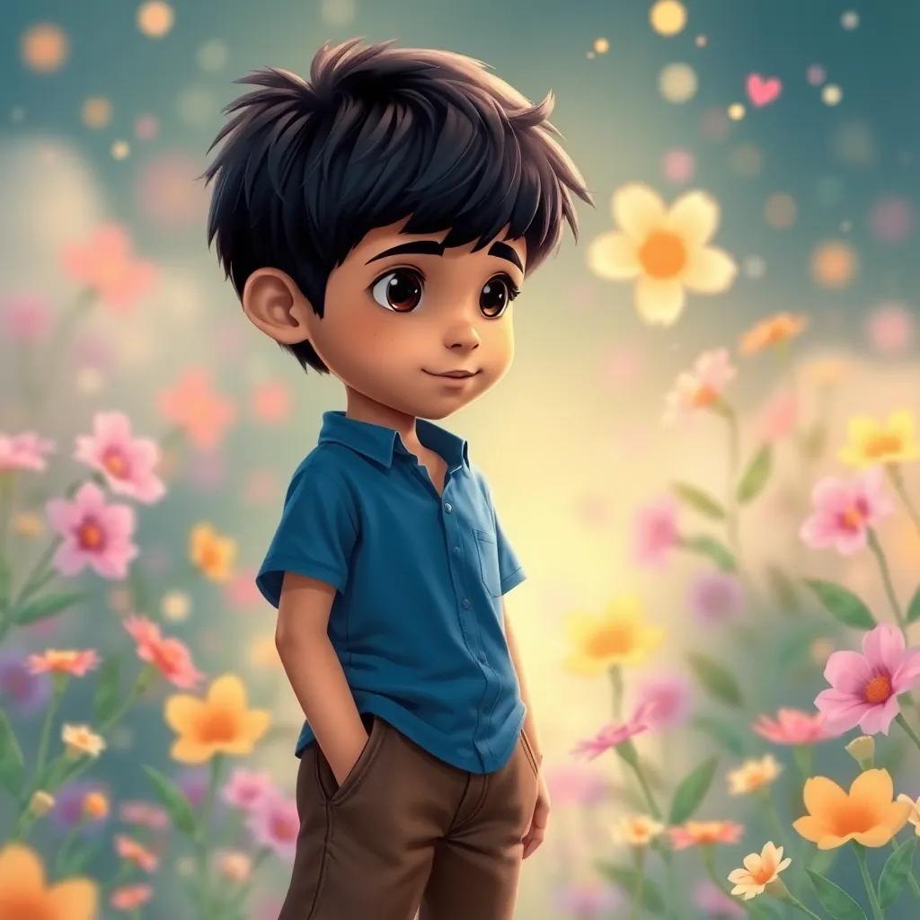 Rami, a young Arab boy with short black hair in a blue shirt and brown shorts, imagining a world full of flowers, surrounded by a lovely scent of love and pride, dreamy and imaginative vibe, high quality digital art