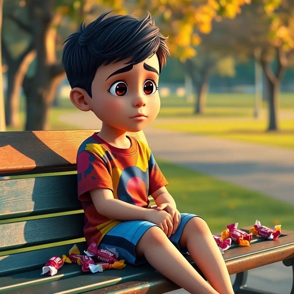A young Arab boy, Rami, with short black hair, wearing a colorful t-shirt and shorts, sitting on a park bench with candy wrappers around him, looking sad, digital art, vibrant colors, warm light, cheerful scenery, high quality
