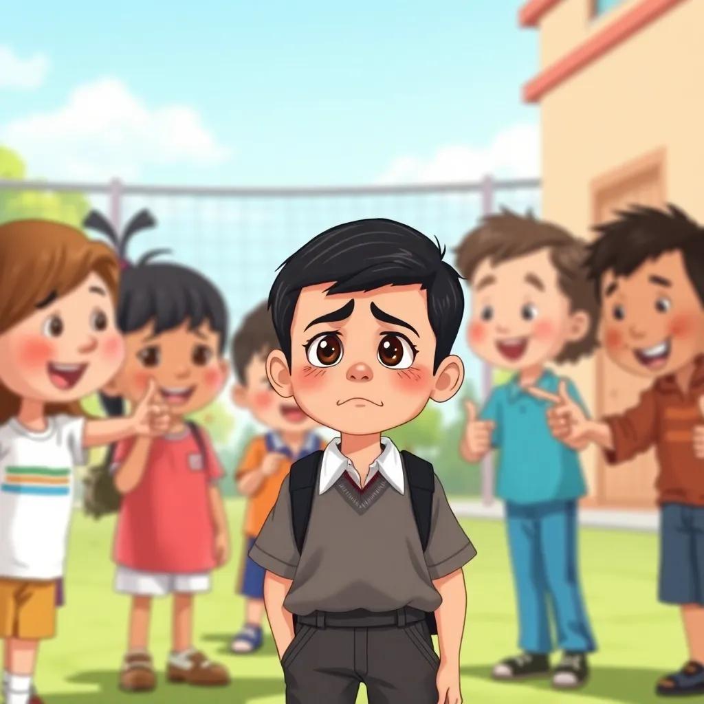 Rami, a young Arab boy, with short black hair, wearing a school uniform, standing in front of a group of laughing kids pointing at him, feeling upset, illustration, bright colors, playground atmosphere, high quality