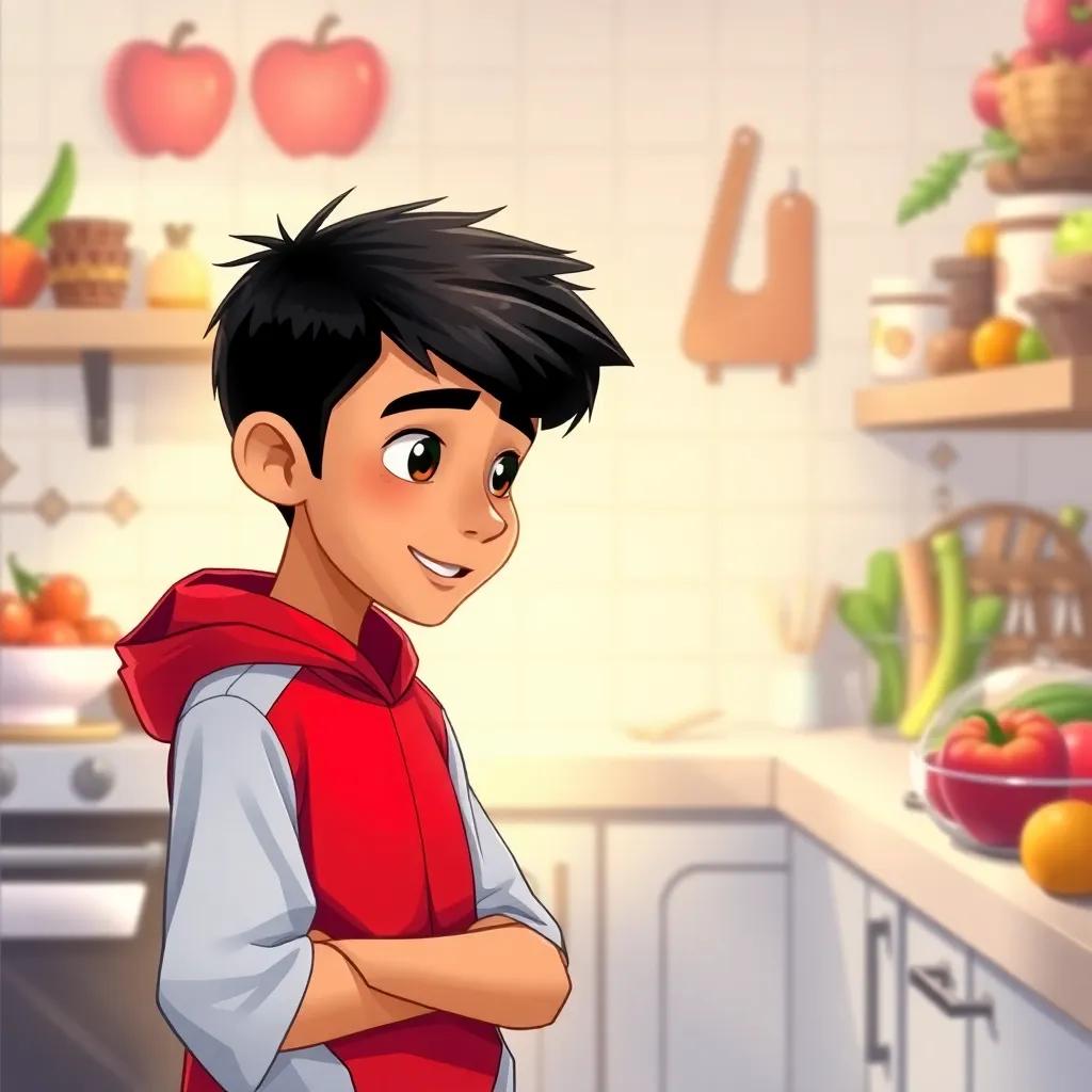 A determined young Arab boy, Rami, with short black hair, wearing sports clothes, talking to his mother in the kitchen filled with fruits and veggies, warm light, happy expression, illustration, high quality