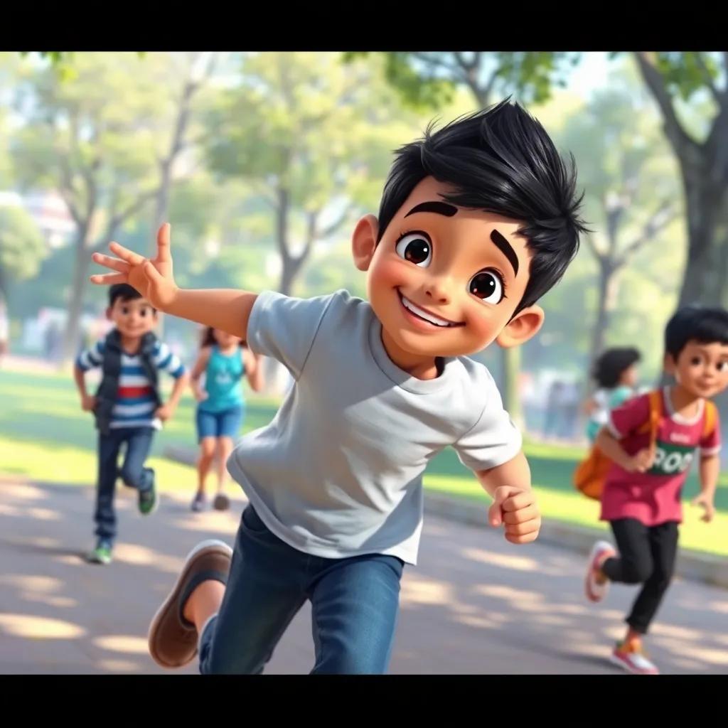 Rami, a young Arab boy, with short black hair, running in a park with other kids, smiling and feeling energetic, digital painting, dynamic movement, joyful atmosphere, high quality