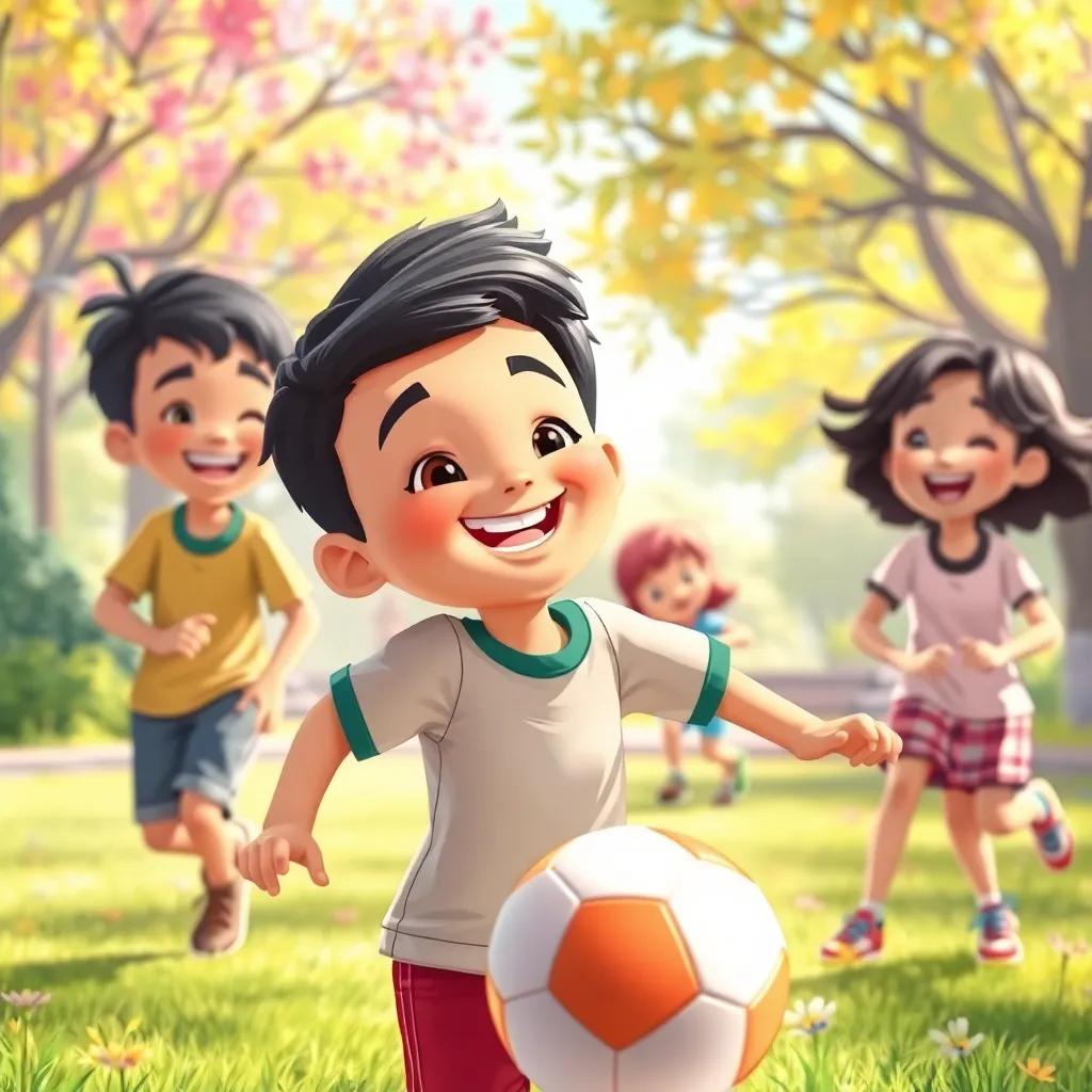 A cheerful Rami, a young Arab boy, with short black hair, playing soccer with friends in a bright park, colorful surroundings, laughter, illustration, high quality