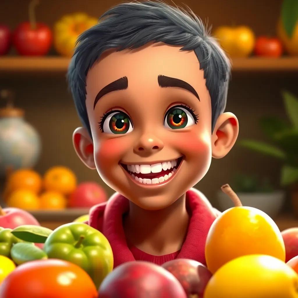 A happy young Arab boy, Rami, with short black hair, showing his sparkling teeth to his friends, with healthy fruits around him, bright and colorful, warm light, friendly atmosphere, high quality