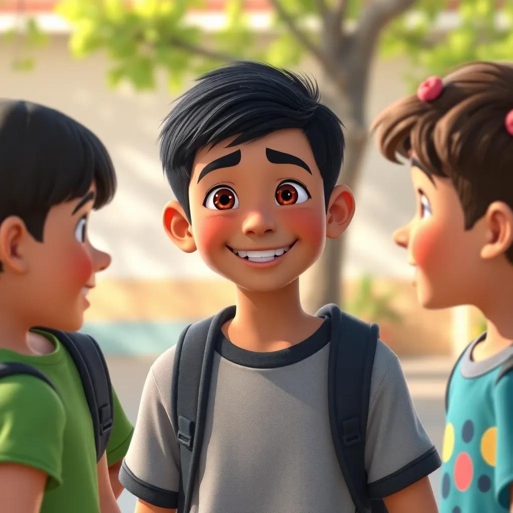 Rami, a young Arab boy, with short black hair, smiling and talking to his friends who are now supportive, in a school yard, colorful, friendly interactions, high quality