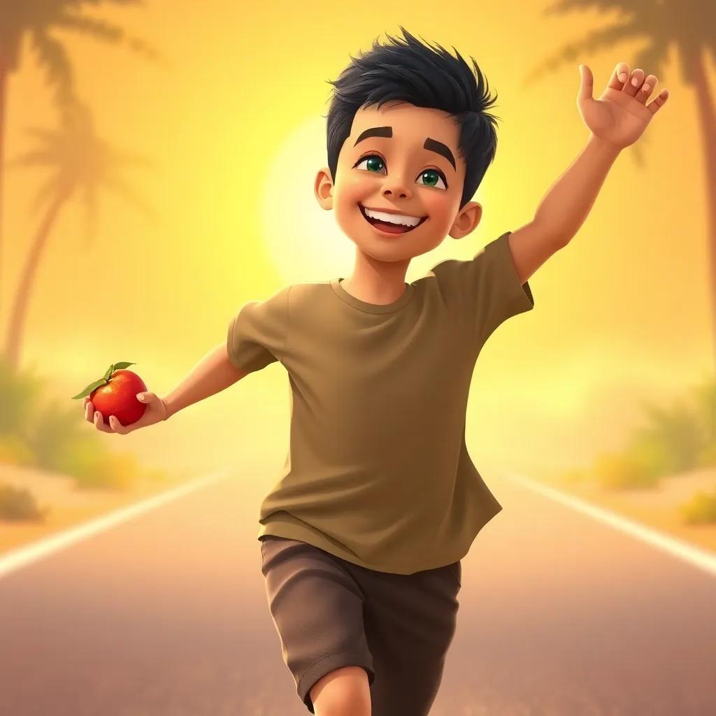 A proud young Arab boy, Rami, with short black hair, running towards a bright sunny day, showing strength and joy with fruits in his hands, uplifting, warm colors, high quality