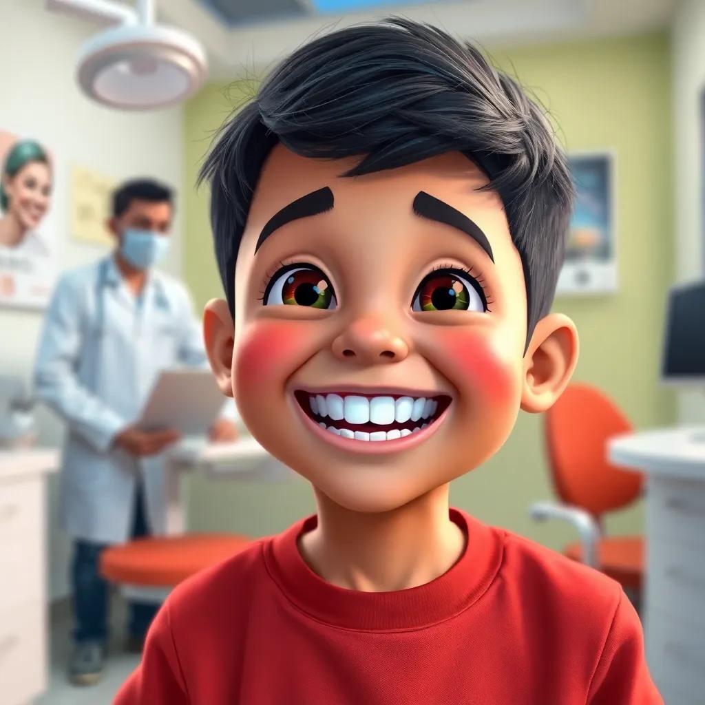 A delighted Rami, a young Arab boy, with short black hair, visiting the dentist with bright, clean teeth, feeling proud, friendly dentist in background, colorful atmosphere, high quality