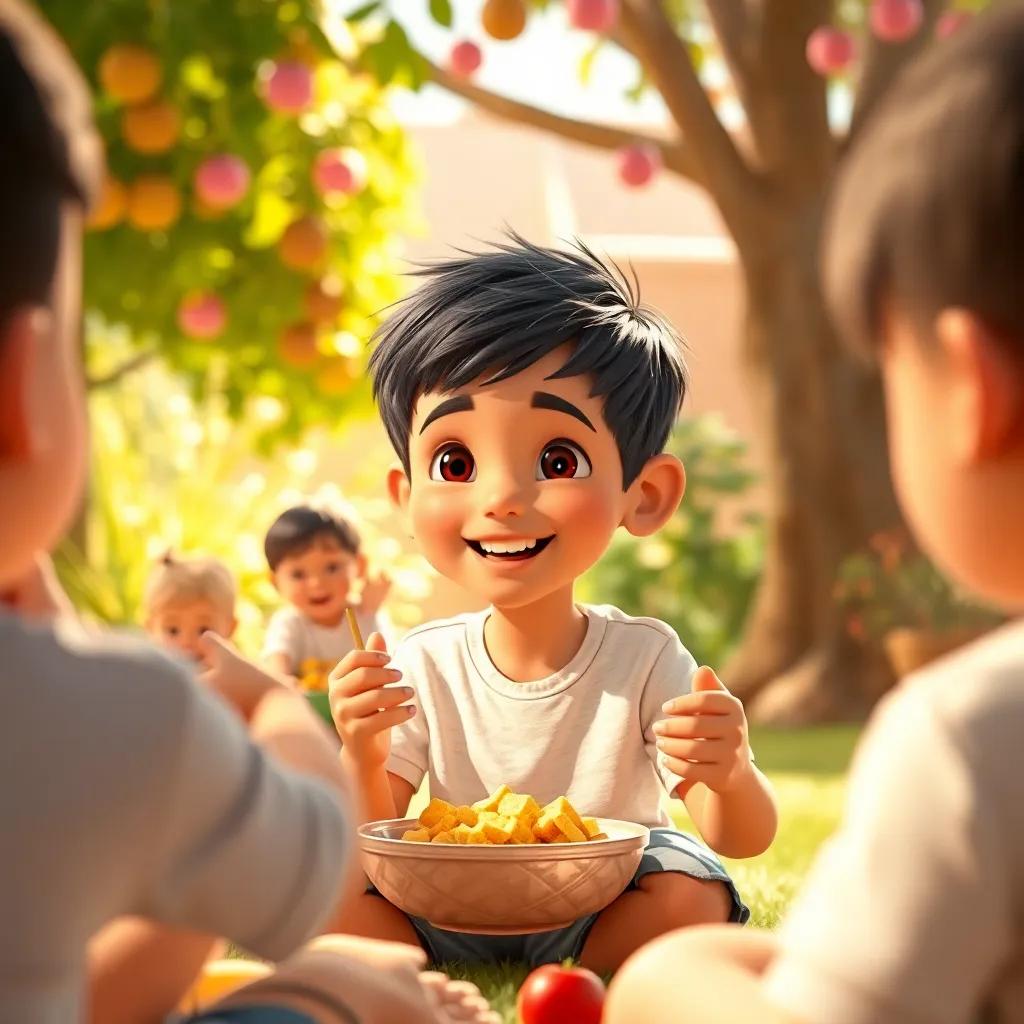 Rami, a young Arab boy, with short black hair, happily playing with friends in a sunlit garden, surrounded by healthy snacks, joyous and vibrant, high quality