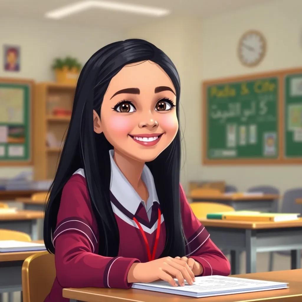 A cheerful young Arab girl, Radwa, with long black hair, wearing a school uniform, sitting at a desk with books and notes, smiling brightly in a sunlit classroom, digital art, vibrant colors, inviting atmosphere, high quality