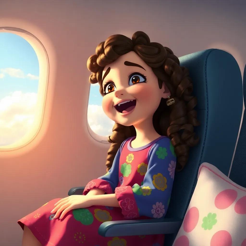 A young Arab girl, Raghd, with long curly hair wearing a colorful dress, sitting in an airplane seat, singing joyfully with clouds outside, digital art, cheerful atmosphere, vibrant colors, high quality