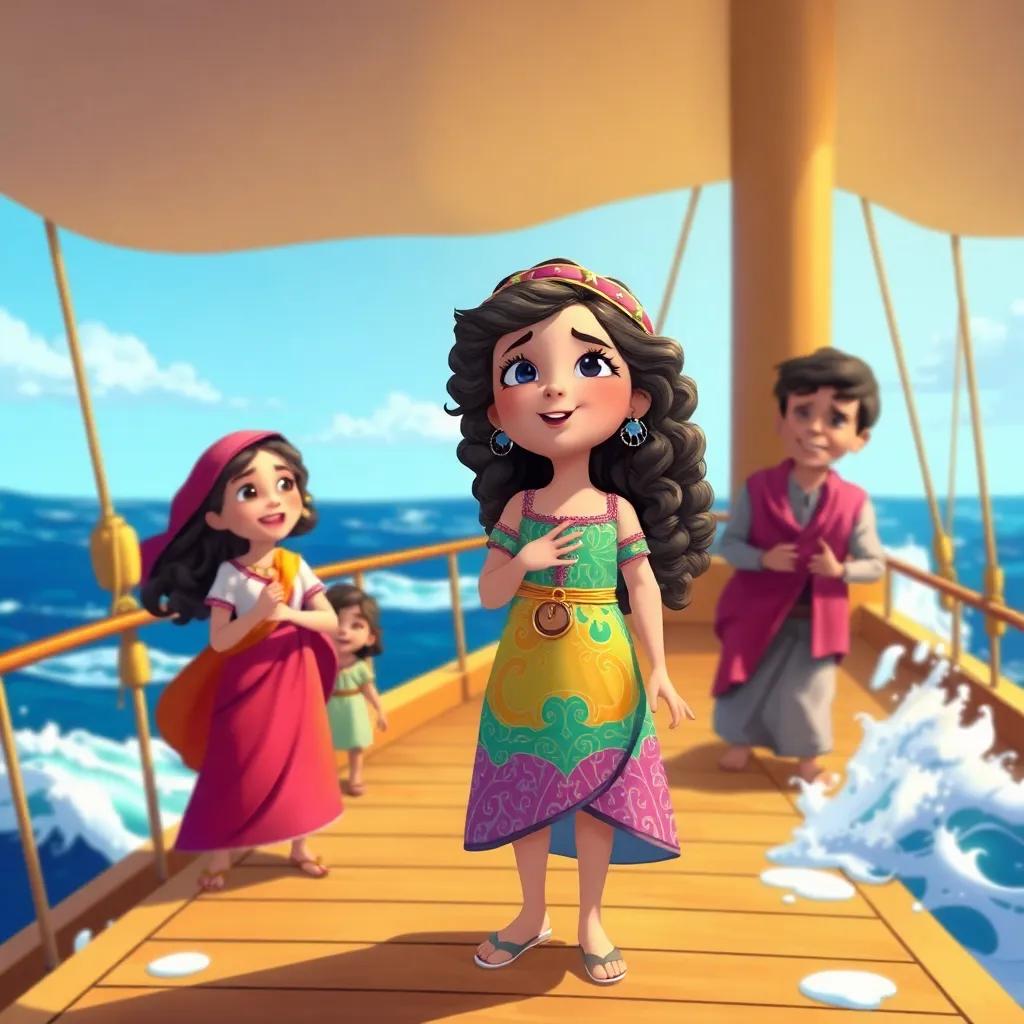 Raghd, a young Arab girl with long curly hair in a colorful dress, standing on a beautiful ship deck, singing with waves splashing, surrounded by happy friends, illustration, adventure-themed, bright colors, heartwarming scene
