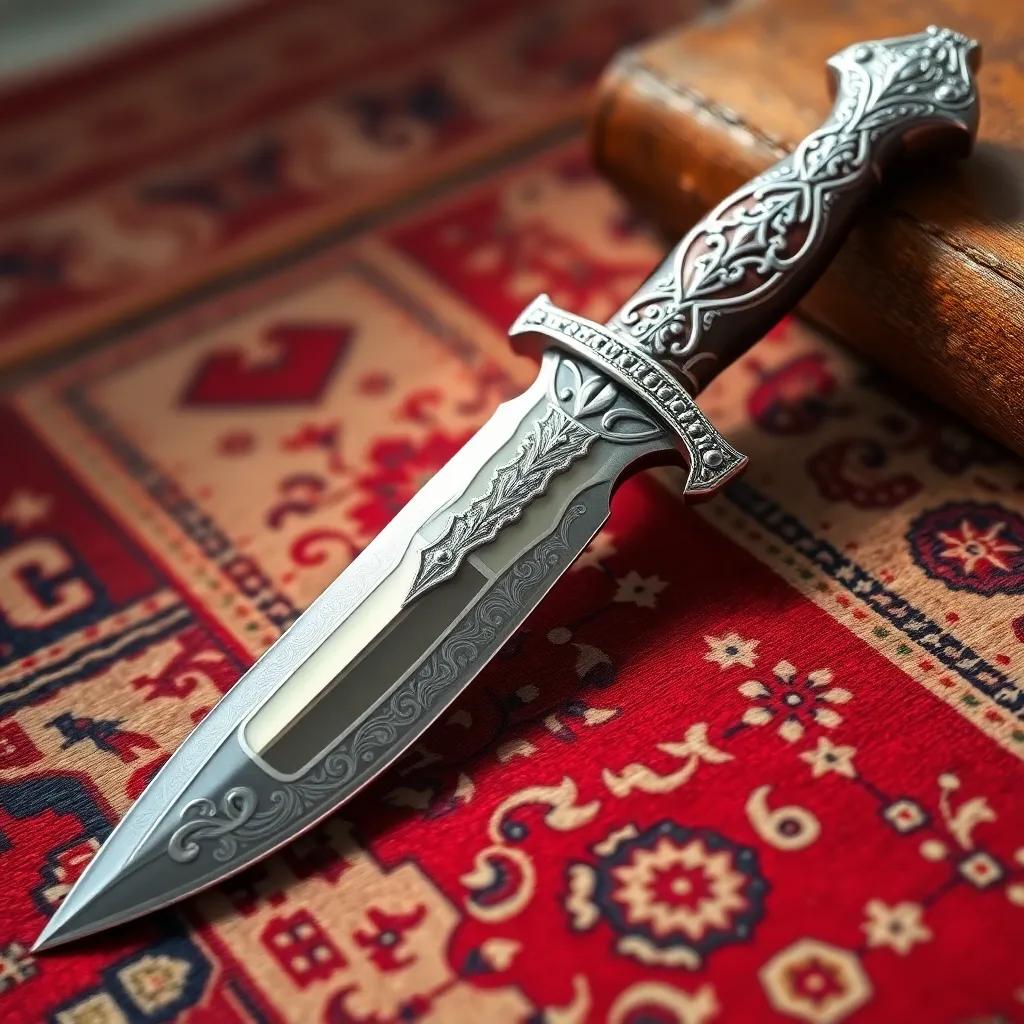 A beautiful Omani dagger, intricately designed with silver and wood, displayed on a traditional Omani rug, soft lighting, warm colors, artistic showcase, high quality