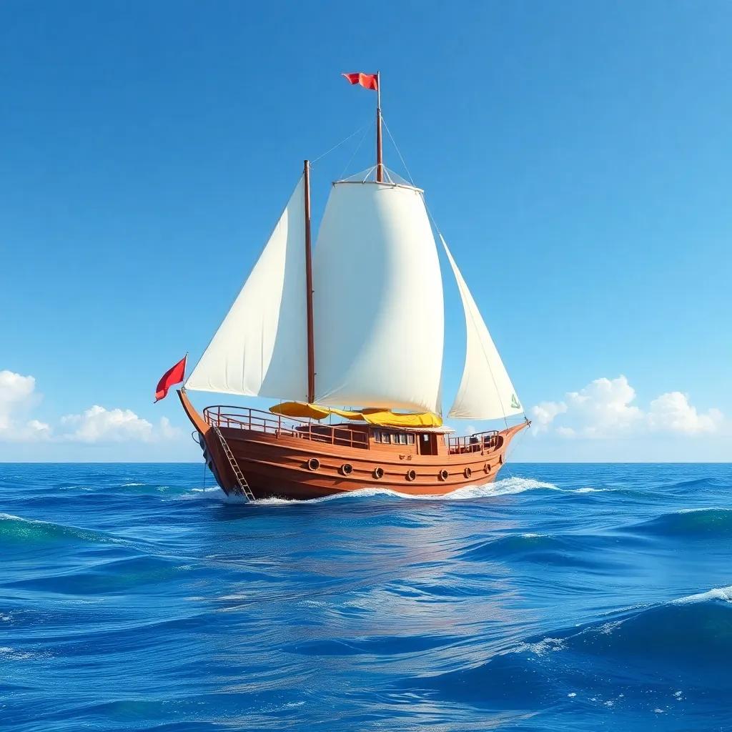 An Omani dhow in the sea, sailing majestically with white sails billowing in the wind, surrounded by blue waves and sky, cheerful atmosphere, vibrant colors, a sense of adventure, high quality