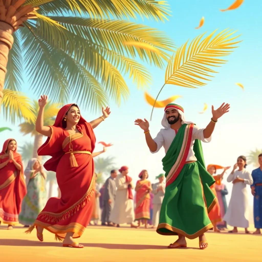 A joyful Omani dance with people wearing colorful traditional clothes, with palm leaves swirling in the air during a celebration, lively colors, festive atmosphere, detailed illustration, high quality