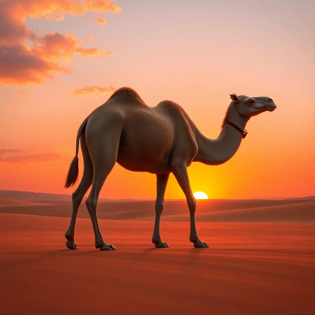 A majestic camel walking through the desert, with a sunset background casting orange and pink hues, symbolizing grace and strength, serene view, artistic, high quality