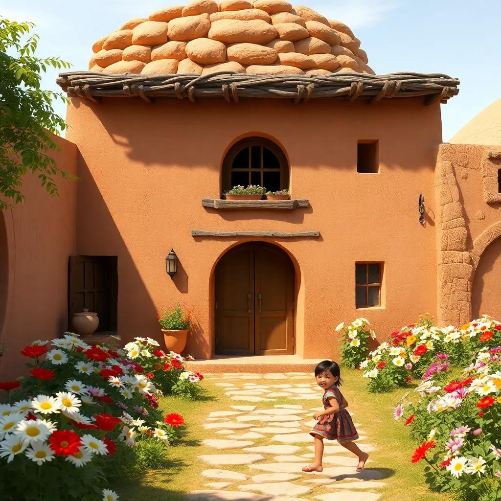 A traditional Omani house made of clay, with a courtyard full of flowers, children playing happily in front, warm sunlight illuminating, inviting atmosphere, picturesque, high quality