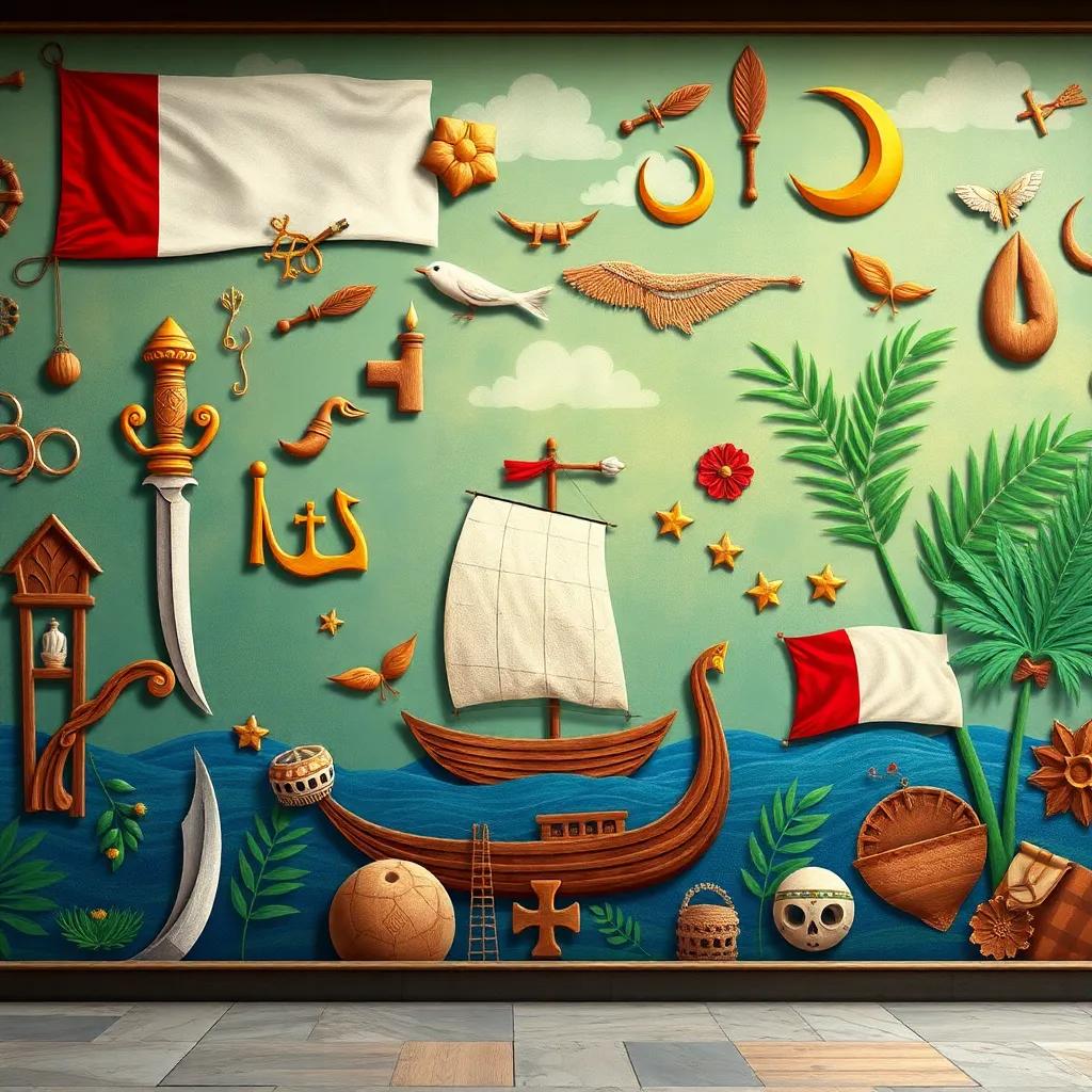 A captivating mural depicting various Omani symbols like the dagger, dhow, and palm leaves, rich in cultural elements and vibrant colors, artistic representation, high quality