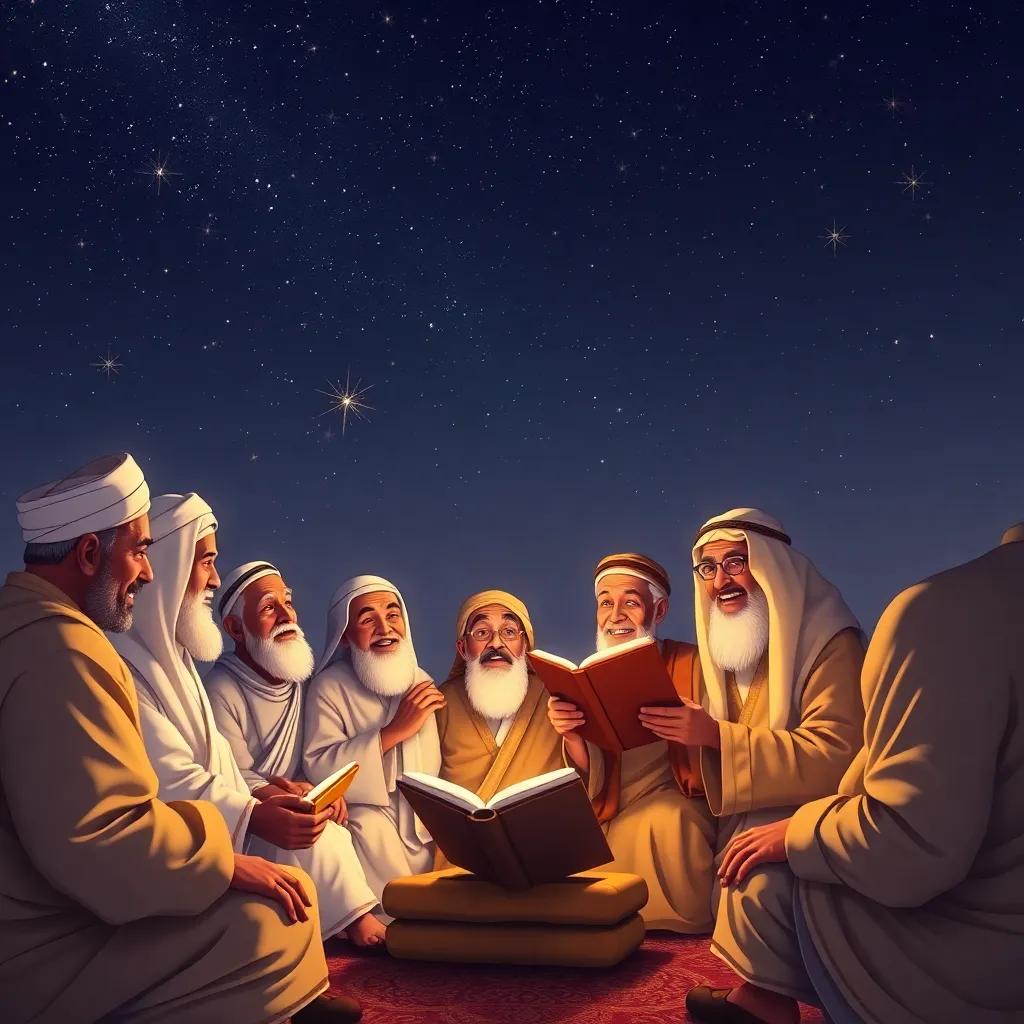 A warm gathering of Omani elders telling stories under a starry sky, with twinkling stars creating a magical ambiance, serene night scene, warm tones, high quality