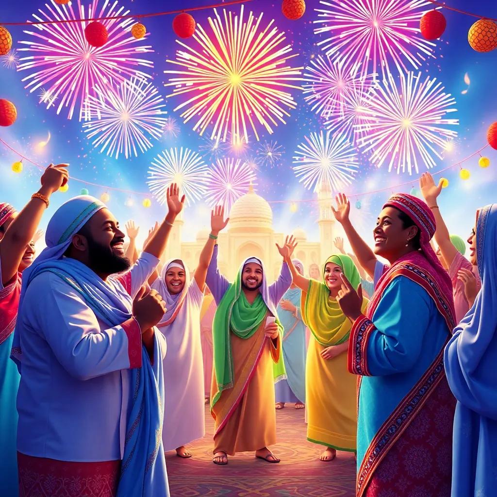 A colorful celebration scene with fireworks and music, showcasing the richness of Omani culture, full of laughter and joy, festive atmosphere, bright colors, high quality