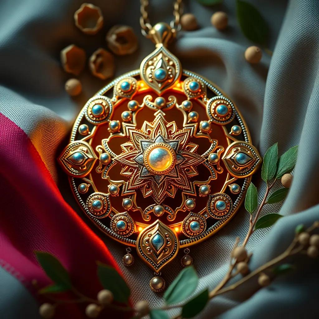 An intricate jewelry piece featuring Omani traditional designs, surrounded by fabric and natural elements, showcasing craftsmanship, elegant lighting, detailed and high quality