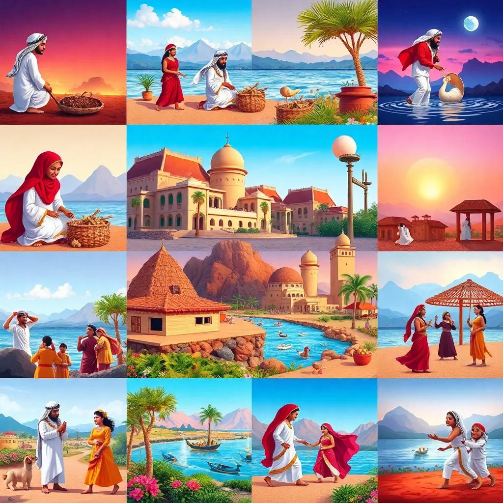 A vibrant collage of various scenes from Omani life, including traditional crafts, landscapes, and dances, celebrating the culture, bright colors, beautifully arranged, high quality