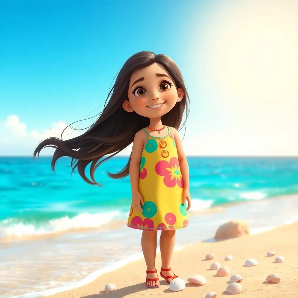 A young Arab girl, Rahaf, with long, dark hair, wearing a colorful dress, standing on a sunny beach, collecting seashells, bright blue sky, cheerful atmosphere, digital art, warm colors, vibrant scene
