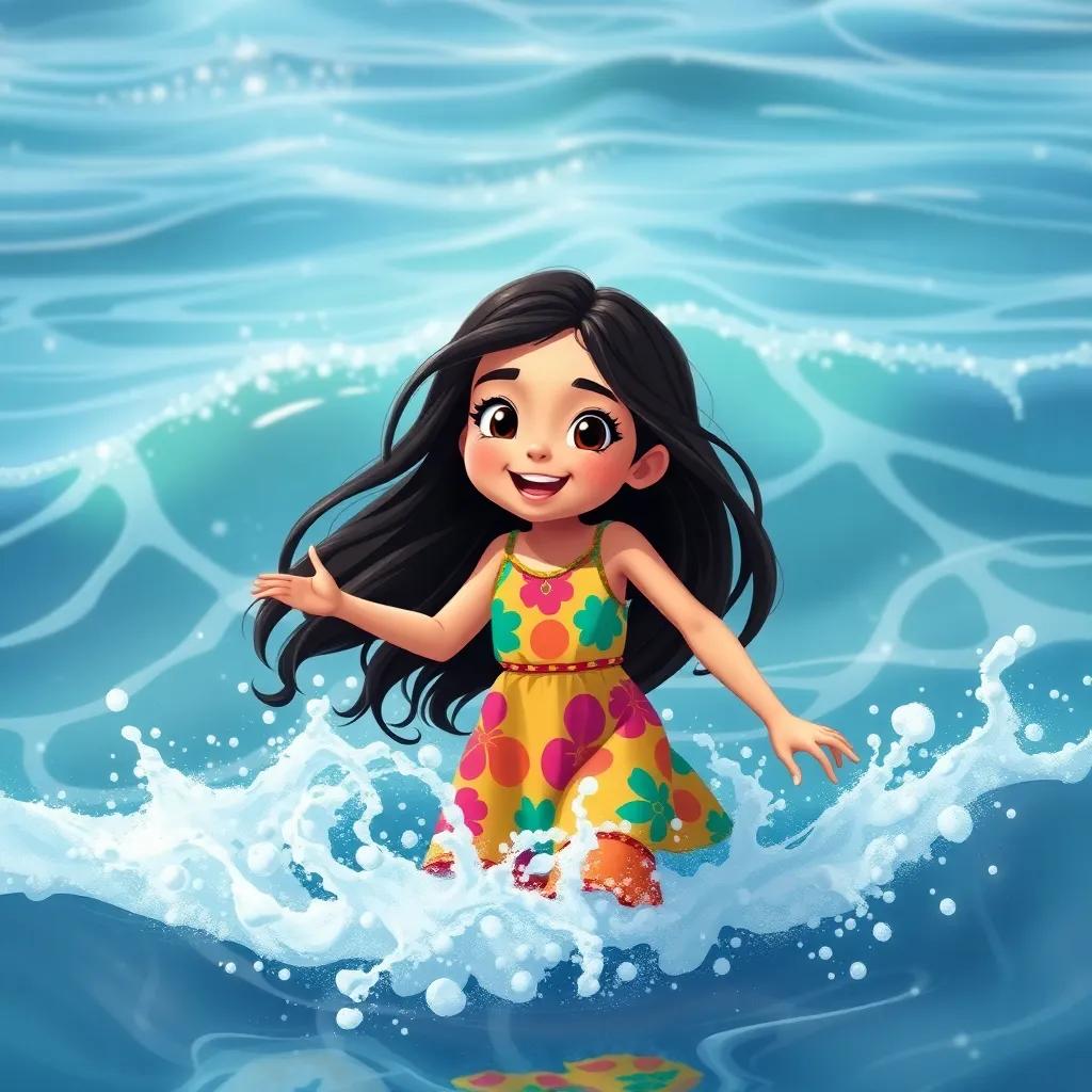 Rahaf, a young Arab girl, with long, dark hair in a colorful dress, playing in the waves of the ocean, splashing water around, sunlight sparkling on the water, joyful mood, digital illustration, dynamic composition, fun