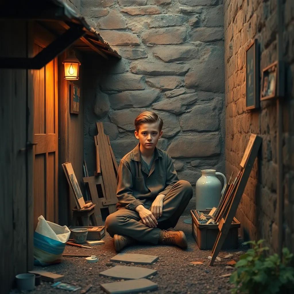 A small corner in Holland with a young Vincent van Gogh, wearing simple clothes, sitting on the ground surrounded by paint supplies, looking inspired, detailed digital art, warm tones, inviting atmosphere, high quality