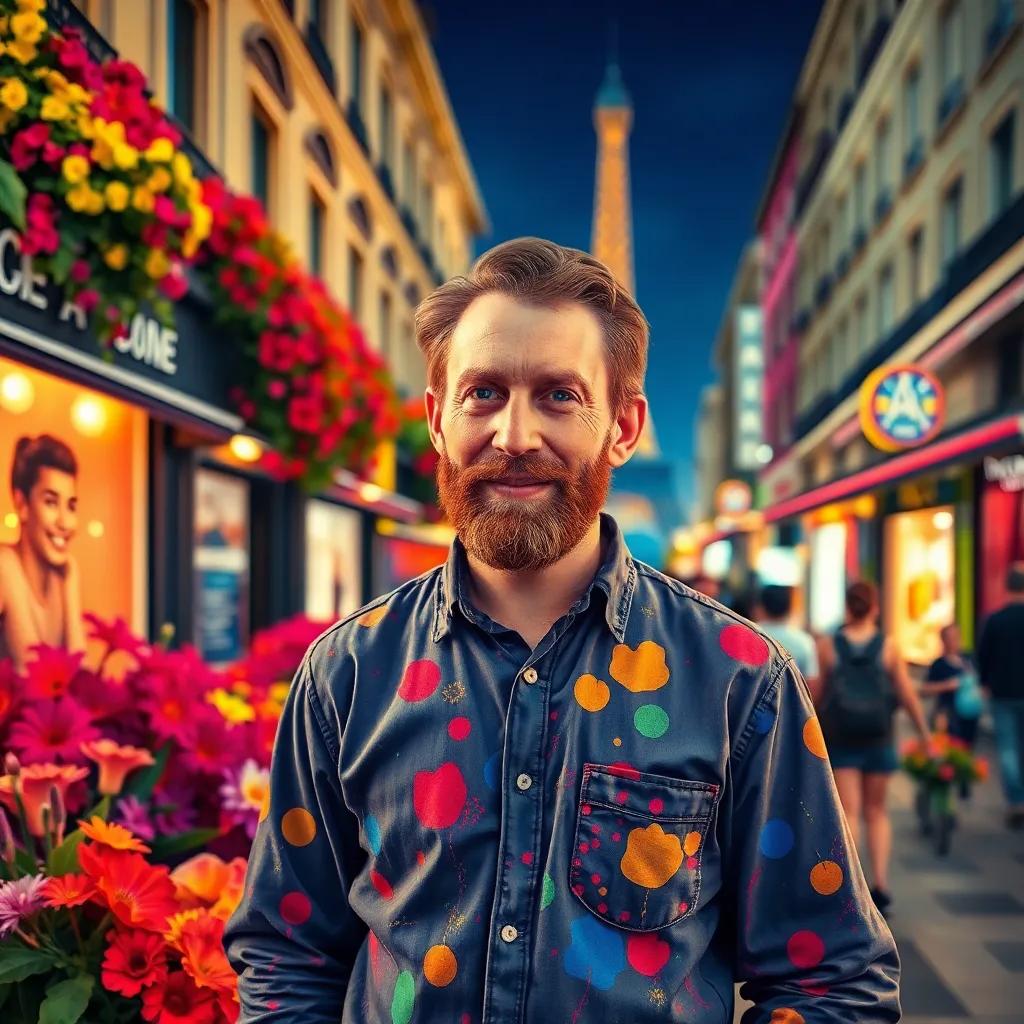 A vibrant scene in Paris, with Vincent van Gogh, wearing a paint-splattered shirt, standing in front of colorful flowers, bright lights and bustling streets, expressionistic style, joyful, lively atmosphere, high quality