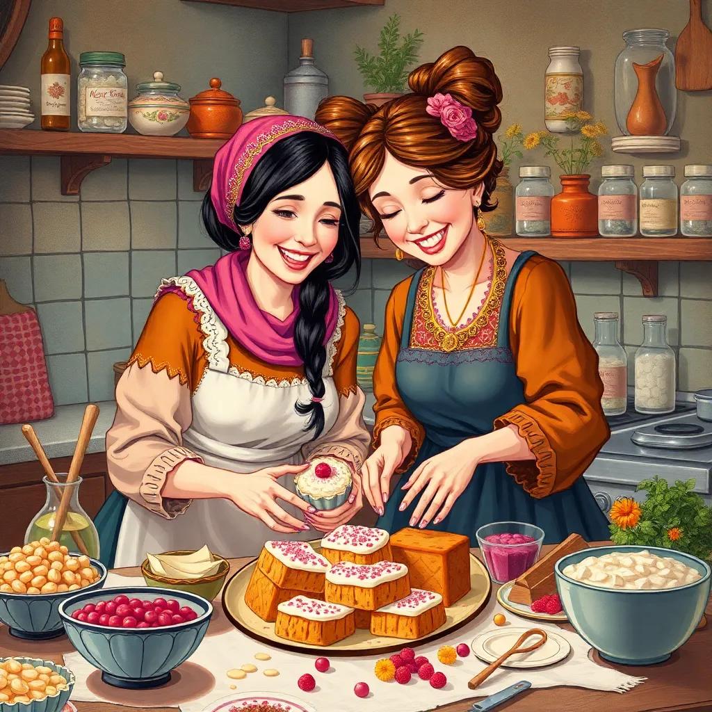 Rima and her mother preparing delicious sweets together, joyful expressions, colorful ingredients spread around, cheerful kitchen, inviting scene, illustration, good spirits