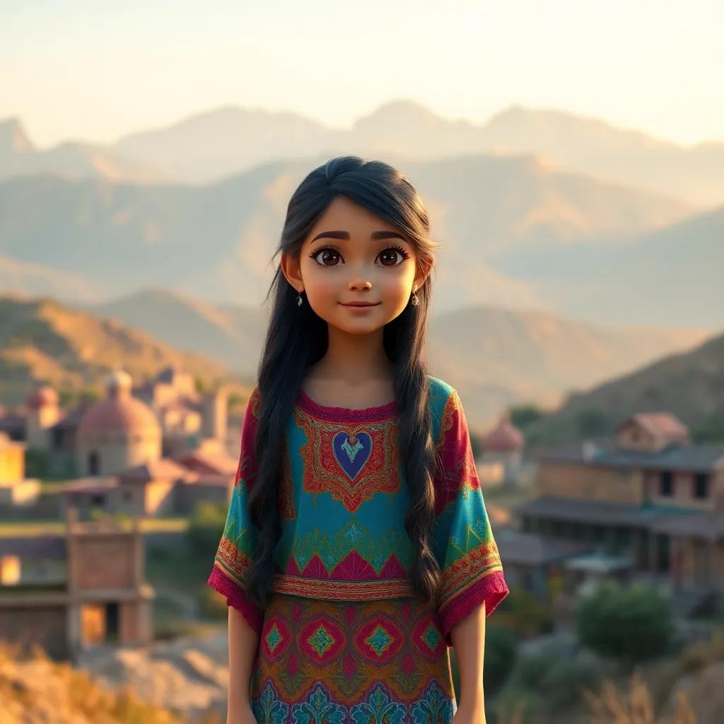 A young Arab girl, Rina, with long, dark hair wearing a colorful dress, standing in a beautiful village surrounded by mountains, early morning light, warm colors, serene atmosphere, high quality