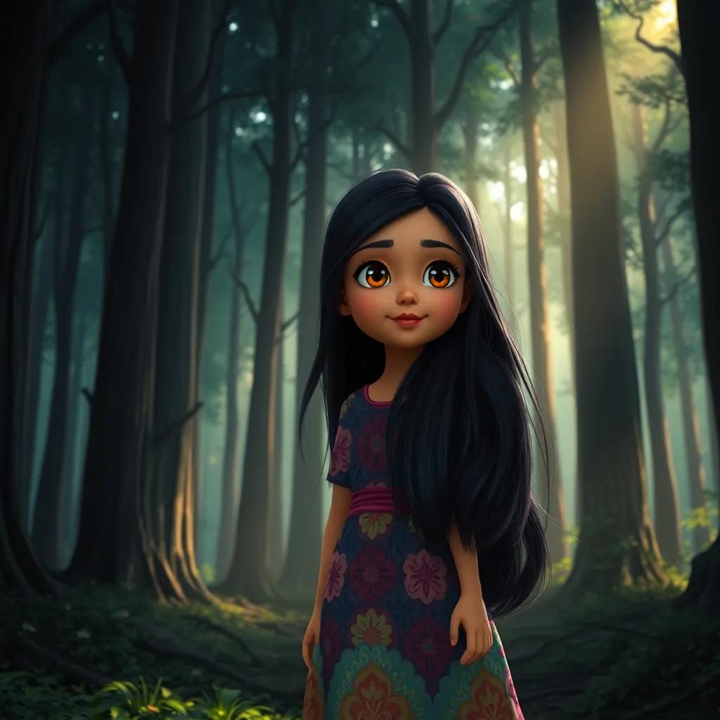 A young Arab girl, Rina, with long, dark hair wearing a colorful dress, entering a dark forest filled with tall trees and mysterious shadows, soft lighting, vibrant atmosphere, engaging perspective, high quality