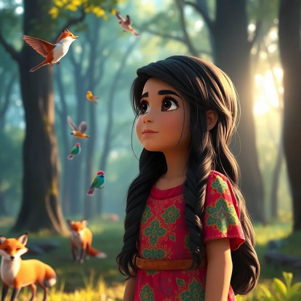 A young Arab girl, Rina, with long, dark hair wearing a colorful dress, listening to the sounds of birds and foxes in the forest, enchanting scene, sunlight filtering through the trees, lively energy, high quality