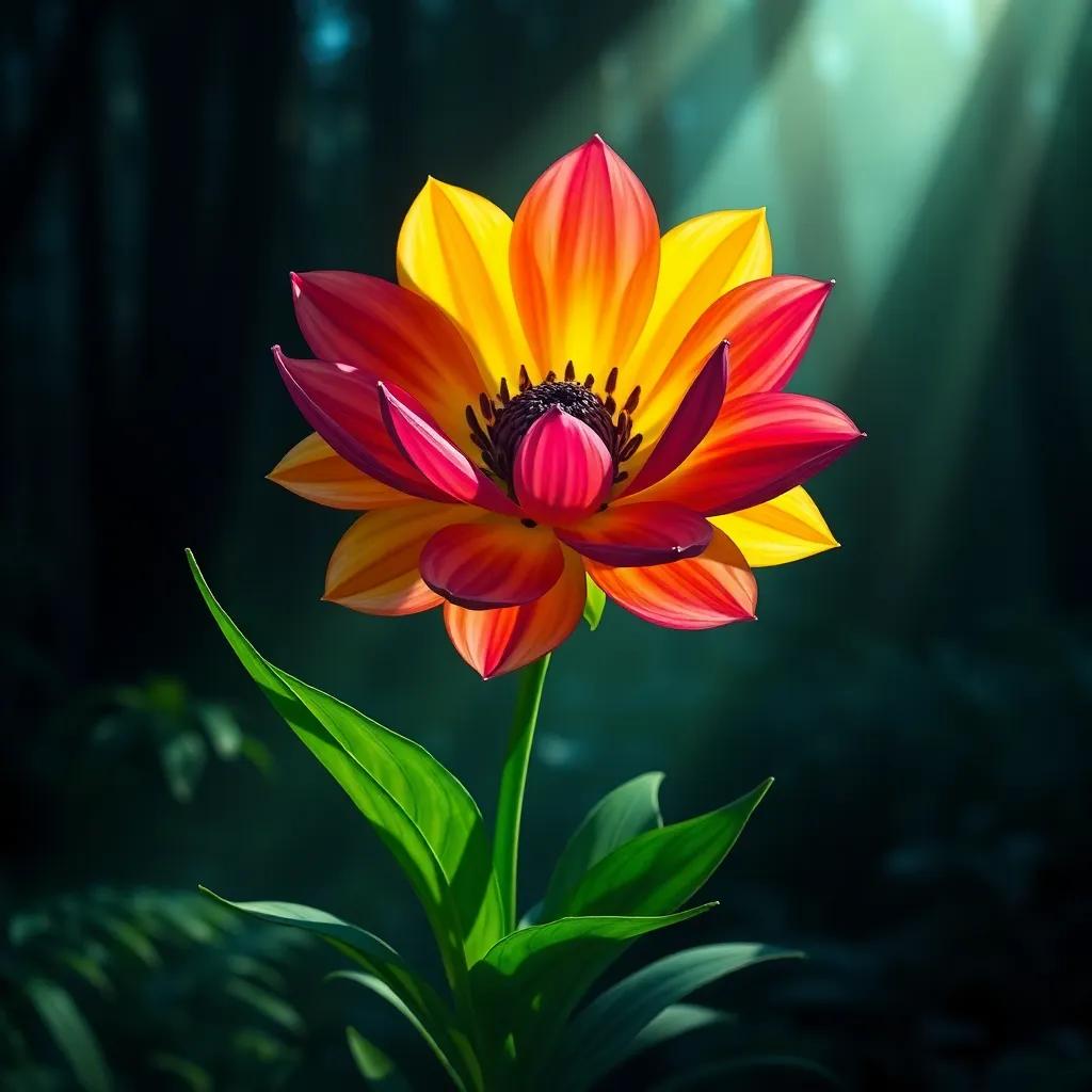 A beautiful, vibrant flower with various colors, growing in the middle of the dark forest, with sunlight illuminating its petals, magical atmosphere, contrasting shadows, high quality