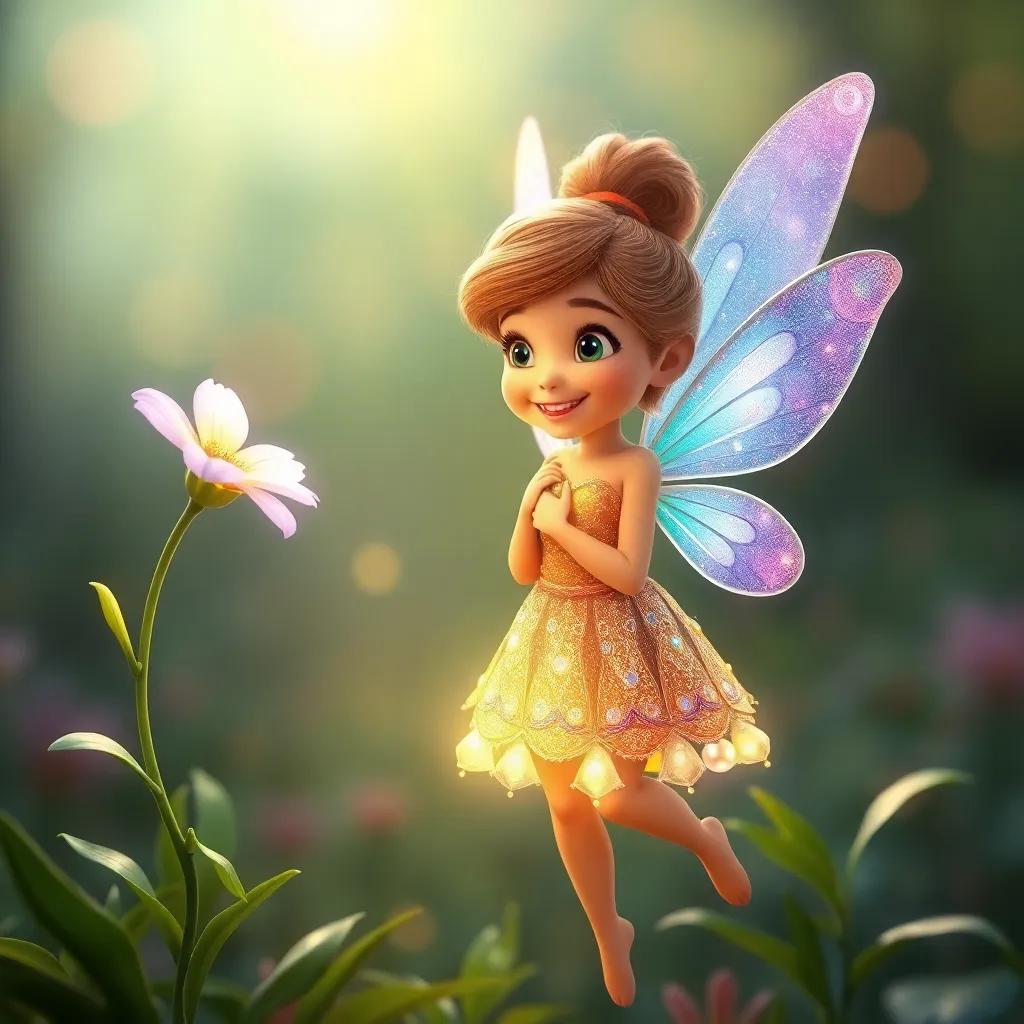 A small fairy, glowing with light, wearing a sparkling dress with colorful wings, appearing beside the flower, smiling at Rina, whimsical scene, fairy-tale atmosphere, high quality