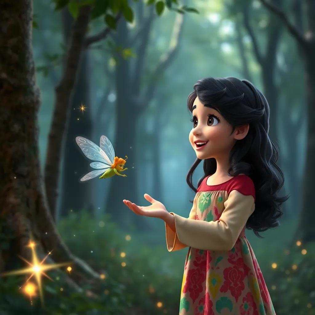 A young Arab girl, Rina, with long, dark hair wearing a colorful dress, excitedly speaking with the fairy in the forest, surrounded by trees and magical sparkles, inviting atmosphere, high quality