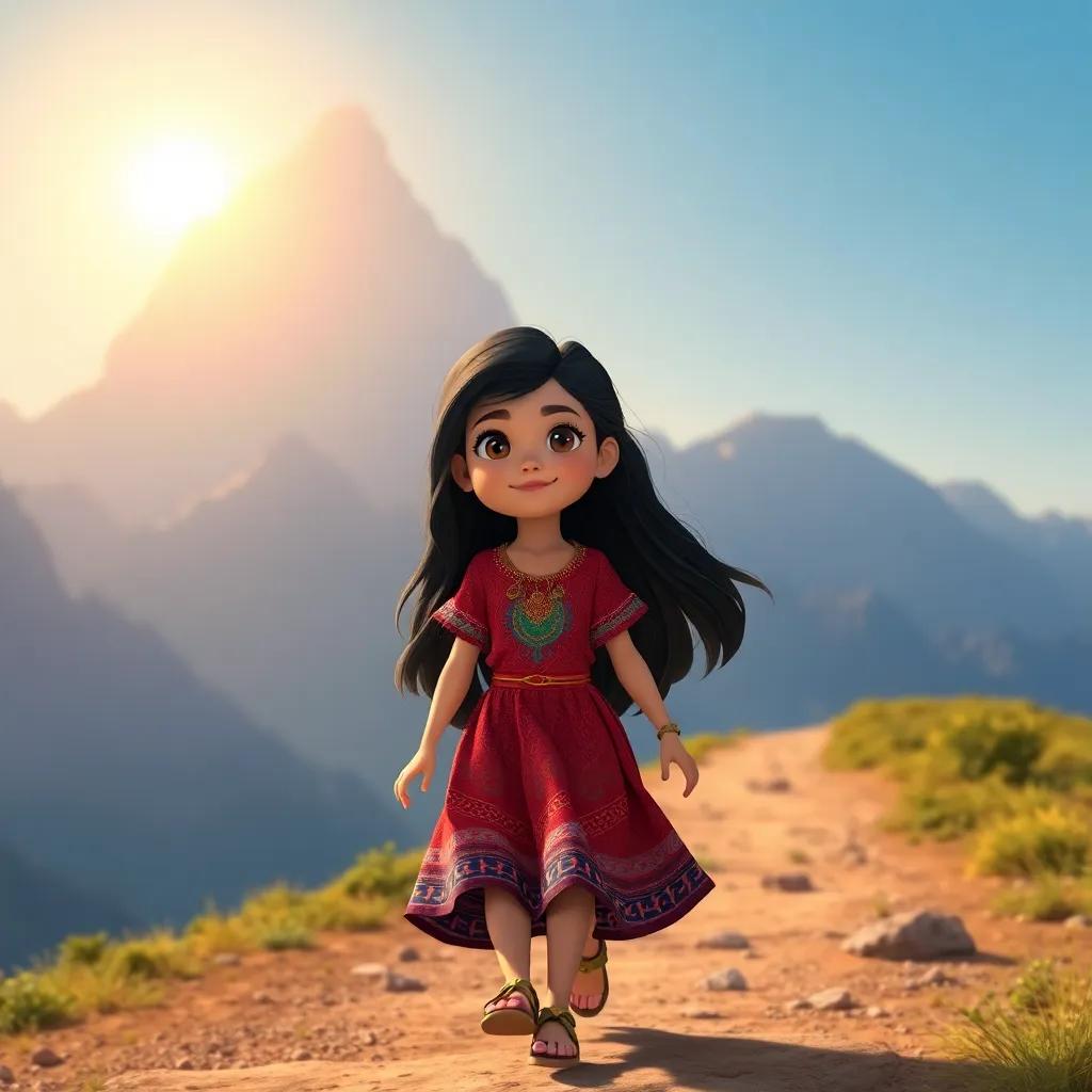 A young Arab girl, Rina, with long, dark hair wearing a colorful dress, walking towards a big mountain with determination, bright sunlight shining on her path, adventurous mood, high quality