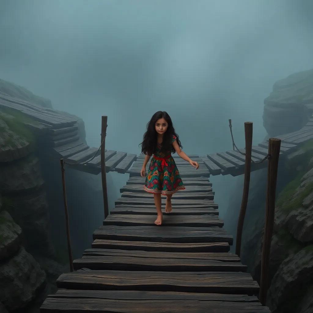 A young Arab girl, Rina, with long, dark hair wearing a colorful dress, carefully crossing an old wooden bridge over a misty ravine, suspenseful moment, moody lighting, high quality