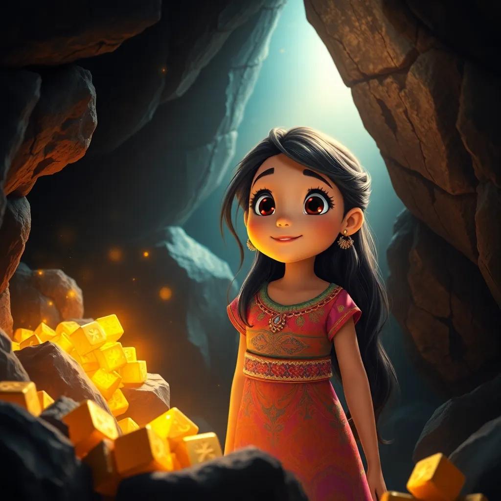 A young Arab girl, Rina, with long, dark hair wearing a colorful dress and golden treasures glittering inside a dark cave, amazed expression, magical light, high quality