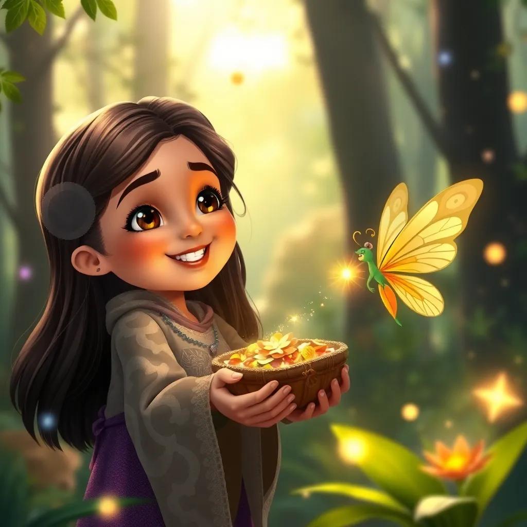 A young Arab girl, Rina, with long, dark hair and a joyful expression, celebrating her treasure with the fairy in the forest, colorful sparkles around them, heartwarming atmosphere, high quality