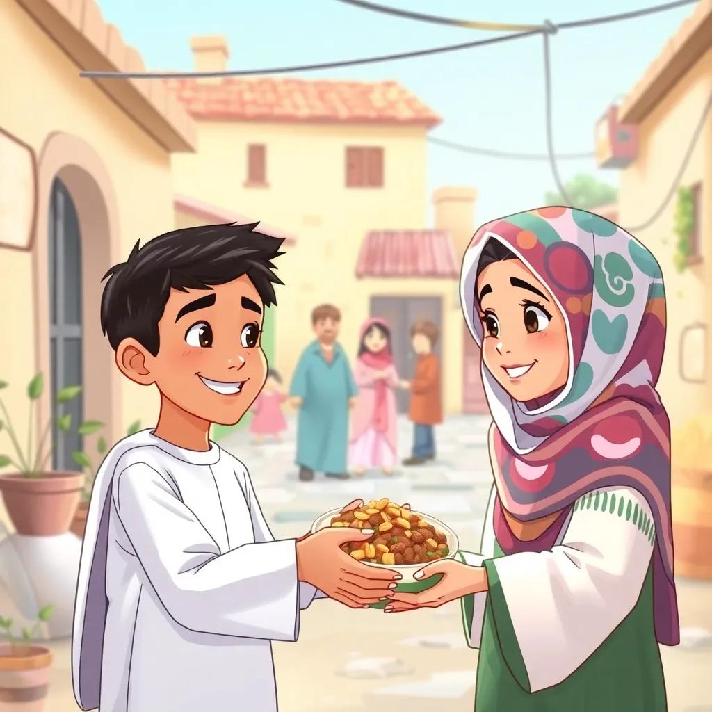 A young Arab boy, Zaid, with short black hair in a white thobe, and a young Arab girl, Leila, with long, dark hair in a colorful hijab, smiling as they hand food to a happy family in a small neighborhood, detailed illustration, warm colors, heartwarming scene, high quality