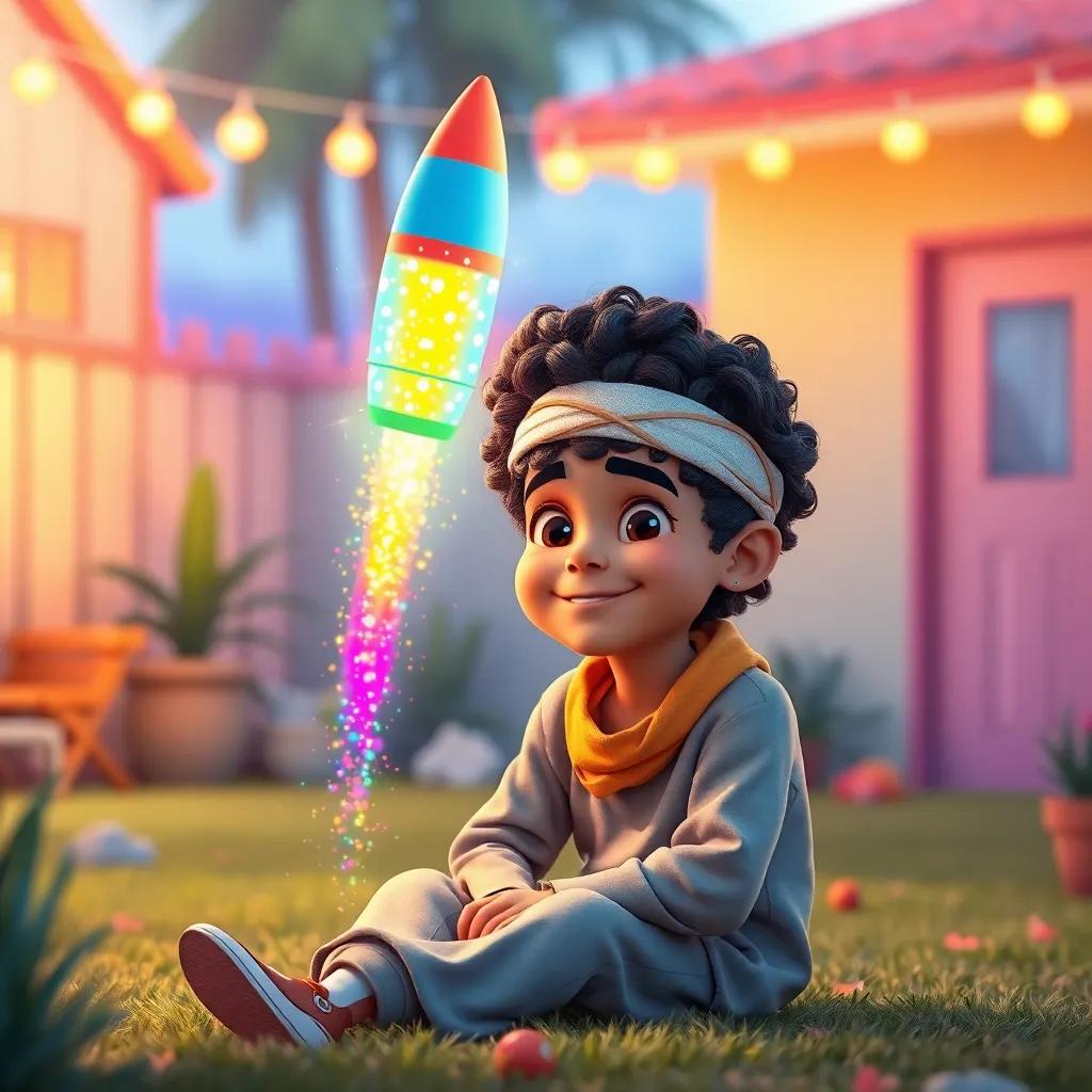 A young Arab boy, Zizo, with curly hair, sitting in a colorful backyard, a multicolored rocket appearing in front of him with sparkling colors, digital art, bright colors, cheerful atmosphere, high quality