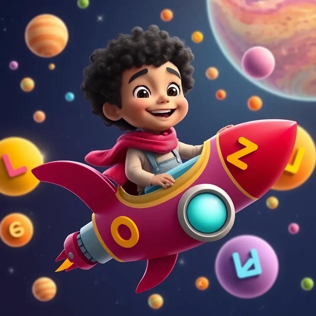 A young Arab boy, Zizo, with curly hair, flying in a colorful rocket among bright planets, each planet holding a letter, smiling and playing with letter friends, joyful digital art, vibrant colors, imaginative scene, high quality