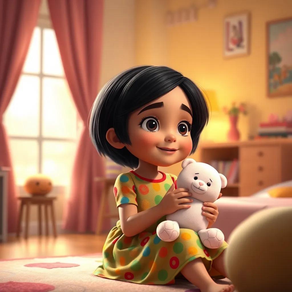 A young girl, Zainab, with short black hair, wearing a colorful dress, sitting in her cozy room, looking around and holding a soft doll, warm lighting, cheerful atmosphere, digital art, high quality
