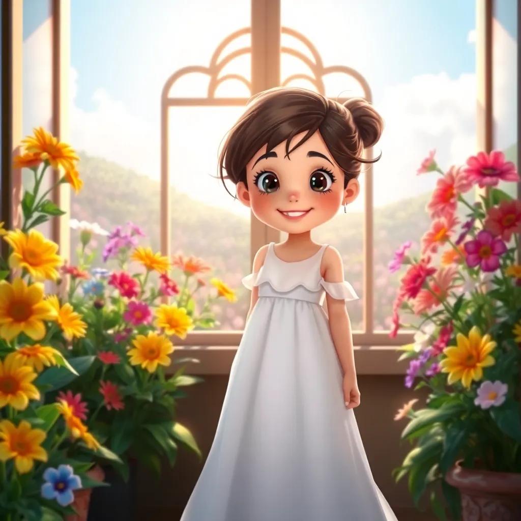 A kind girl in a flowing white dress, smiling, standing outside a window, surrounded by colorful flowers, showing a warm and inviting expression, bright sunlight, enchanting scenery, digital illustration, high detail