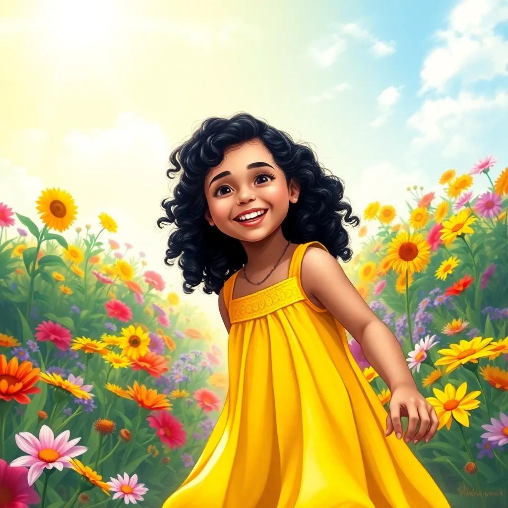 A young Arab girl, Sarah, with curly black hair wearing a bright yellow dress, playing in a colorful flower garden, smiling and laughing under the sunny sky, digital art, cheerful, vibrant colors, inviting atmosphere, high quality